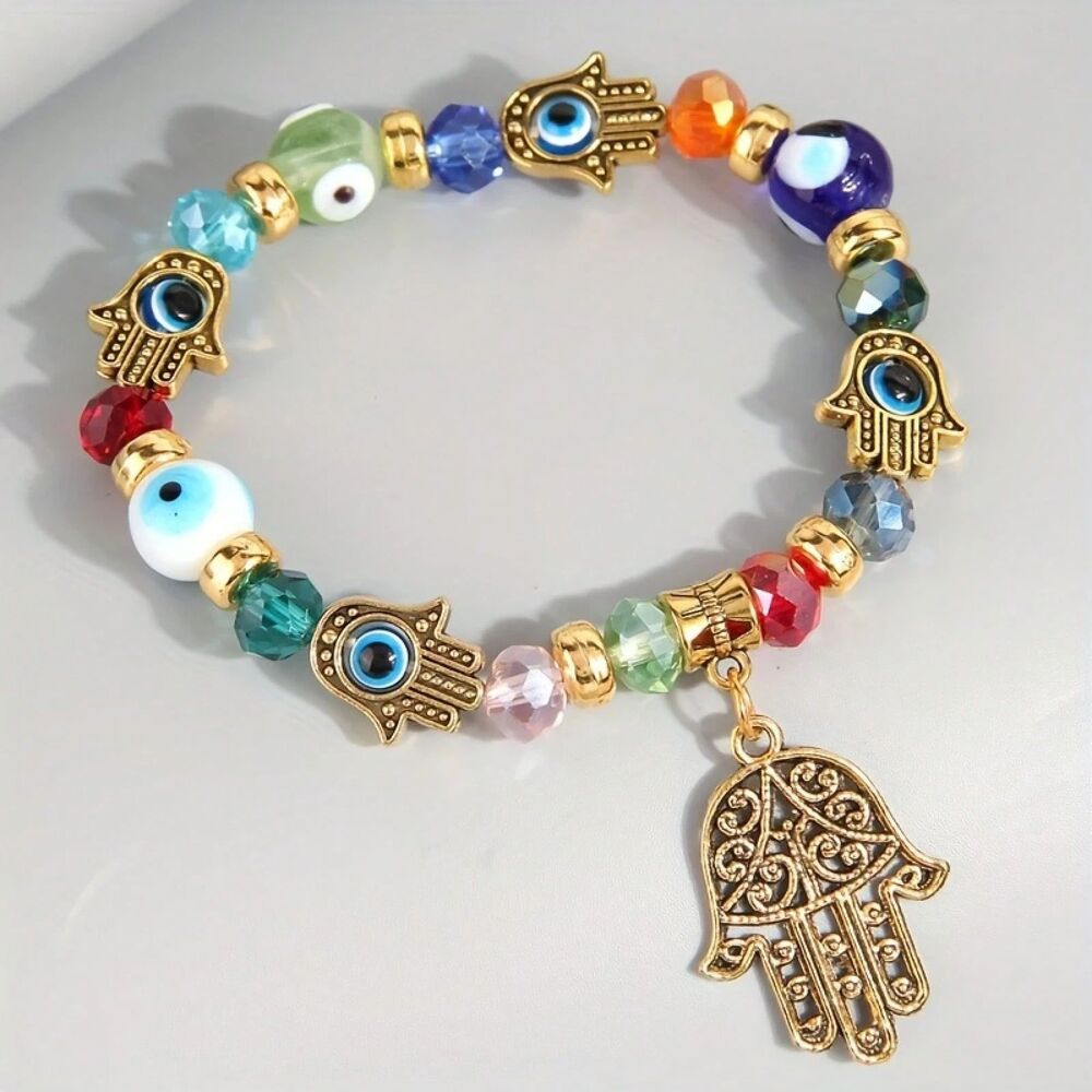 Blue Evil Eye Beaded Stretch Bracelet Fatima Palm Charm Chakra Karma Positive